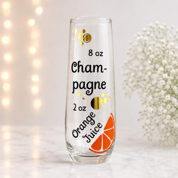 Mimosa Recipe Glass Stemless Champagne Flute Brunch Gift Hostess Party Present Bridal Shower Celebration Drinkware Kitchen Barware Unique