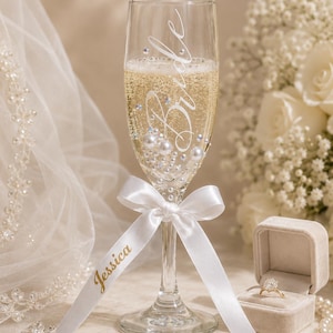 Custom Bride Gift Bridal Shower Personalized Champagne Flute Rhinestone Pearl Decorated Glass Wedding Celebration Drinkware Engagement Party Keepsake Handmade Prosecco Glass Elegant Design Sparkling Embellishments Affordable Under Twenty
