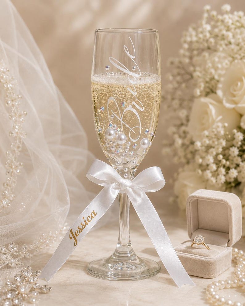Custom Bride Gift Bridal Shower Personalized Champagne Flute Rhinestone Pearl Decorated Glass Wedding Celebration Drinkware Engagement Party Keepsake Handmade Prosecco Glass Elegant Design Sparkling Embellishments Affordable Under Twenty