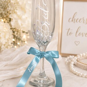 Bride Champagne Glass Custom Bride Gift Bridal Shower Personalized Engagement Flute Rhinestone Pearl Decorated Drinkware Wedding Celebration image 10