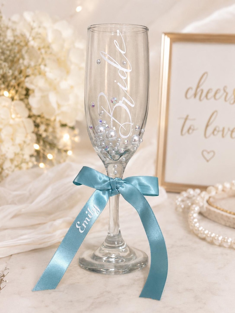 Bride Champagne Glass Custom Bride Gift Bridal Shower Personalized Engagement Flute Rhinestone Pearl Decorated Drinkware Wedding Celebration image 10