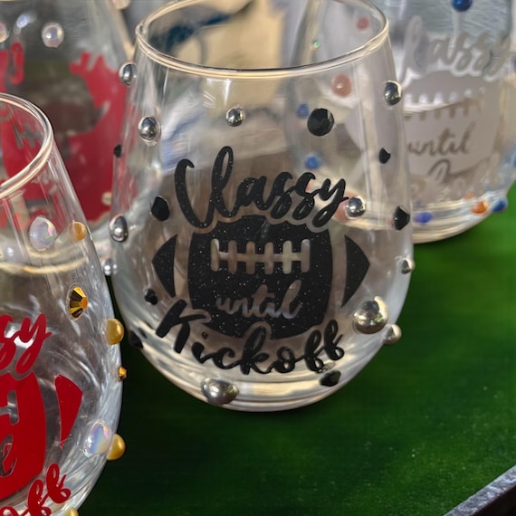 Bling Football Wine Glass: Custom Team Colors, Rhinestone Game Day Drinkware