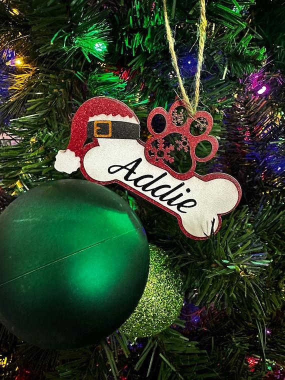 Personalized Dog Bone Christmas Ornament – Santa Hat Custom Pet Name - Dog Lover Gift