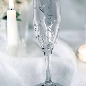 Personalized Engagement Champagne Flute Bride Gift Bridal Shower Celebration Glass Rhinestone Pearl Decorated Drinkware Custom Wedding Keepsake Handmade Prosecco Toast Glass Sparkling Elegant Design Party Memento Under Twenty Dollars