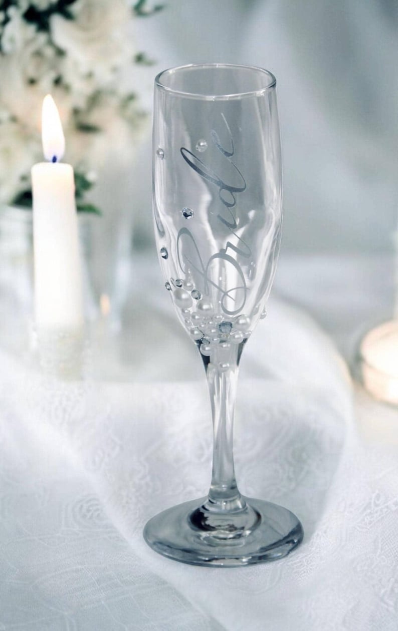 Personalized Engagement Champagne Flute Bride Gift Bridal Shower Celebration Glass Rhinestone Pearl Decorated Drinkware Custom Wedding Keepsake Handmade Prosecco Toast Glass Sparkling Elegant Design Party Memento Under Twenty Dollars