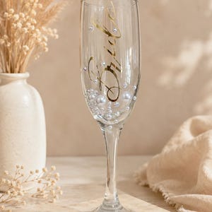 Bride Champagne Glass Custom Bride Gift Bridal Shower Personalized Engagement Flute Rhinestone Pearl Decorated Drinkware Wedding Celebration image 18