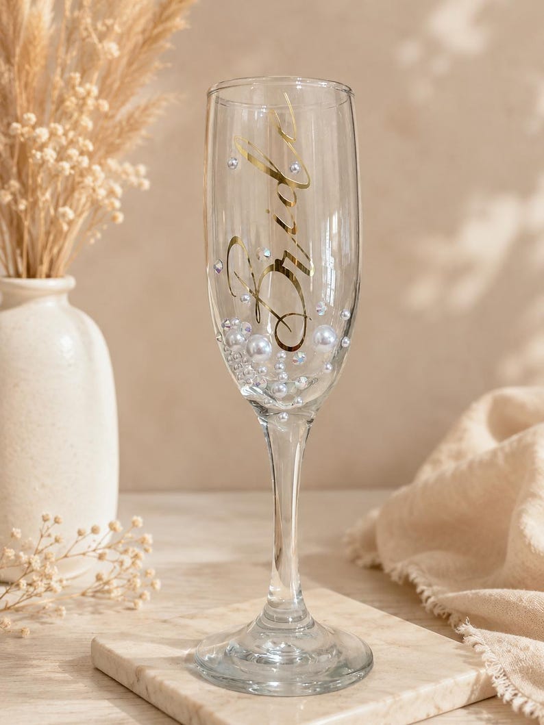 Bride Champagne Glass Custom Bride Gift Bridal Shower Personalized Engagement Flute Rhinestone Pearl Decorated Drinkware Wedding Celebration image 18