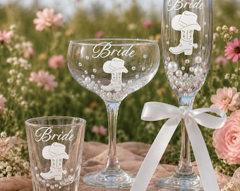 Boots and Bubbly Bridal Shower theme Bride Champagne Flute Cowboy boot Shot Glass Cowgirl wine glass