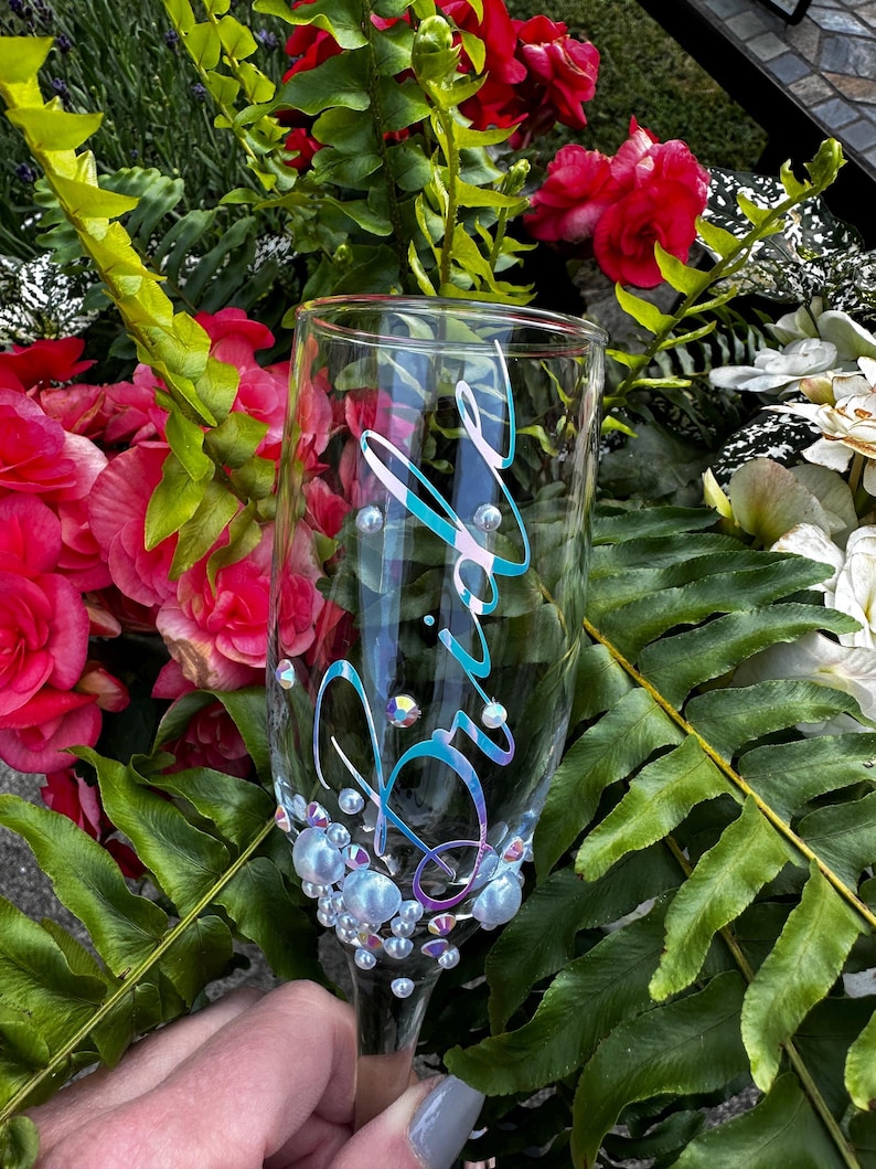 Bride Champagne Glass Custom Bride Gift Bridal Shower Personalized Engagement Flute Rhinestone Pearl Decorated Drinkware Wedding Celebration image 16