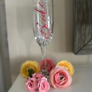 Bride Champagne Glass Custom Bride Gift Bridal Shower Personalized Engagement Flute Rhinestone Pearl Decorated Drinkware Wedding Celebration image 11