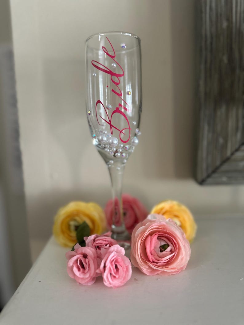Bride Champagne Glass Custom Bride Gift Bridal Shower Personalized Engagement Flute Rhinestone Pearl Decorated Drinkware Wedding Celebration image 11