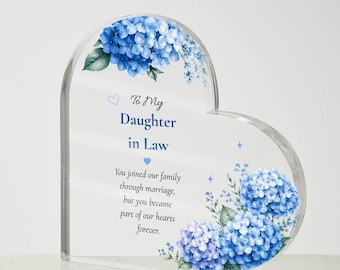 Daughter Law Gift Personalized Keepsake Heart Plaque Acrylic Block Blue Hydrangea Artwork Present Wedding Treasure Sentimental Family Piece