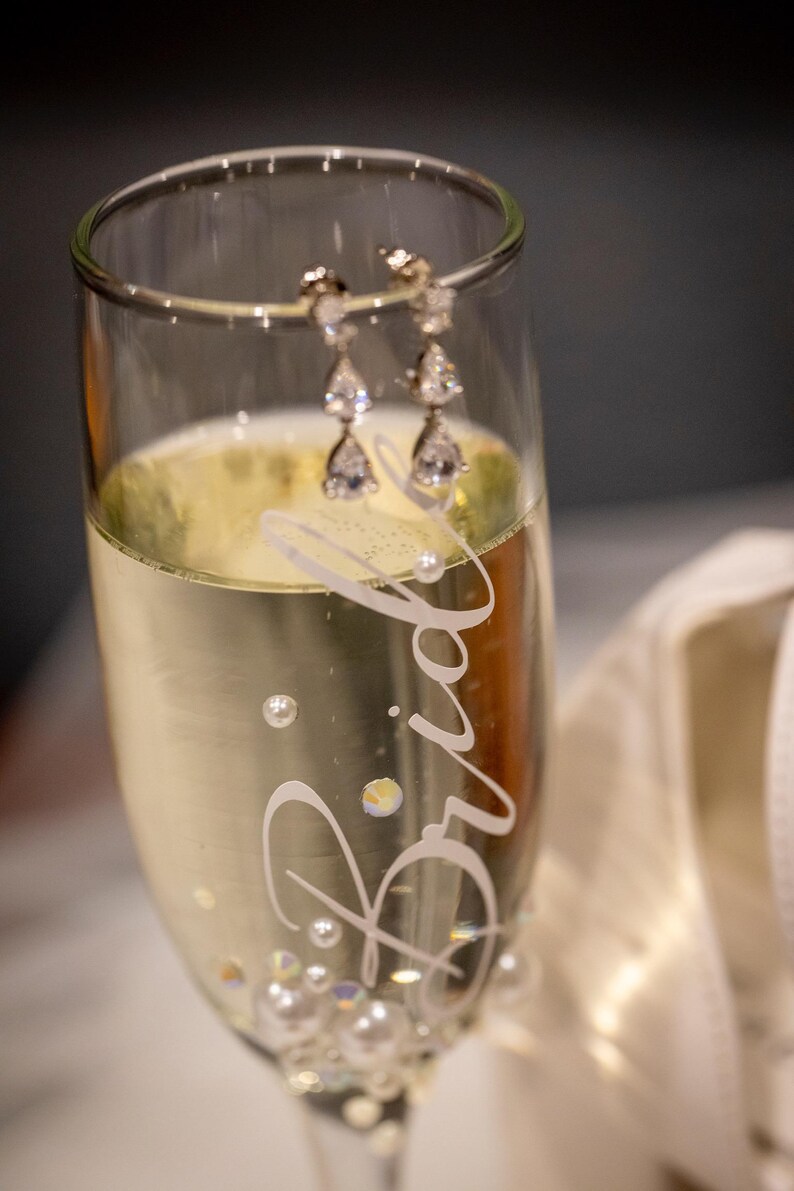 Bride Champagne Glass Custom Bride Gift Bridal Shower Personalized Engagement Flute Rhinestone Pearl Decorated Drinkware Wedding Celebration image 15
