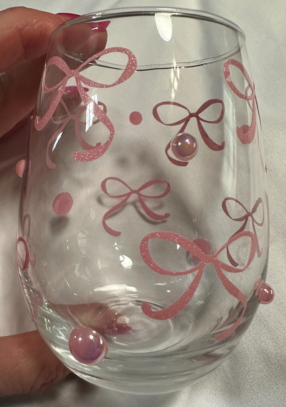 Girly Wine Glass with Bows and Pearls: Bridal Shower or Birthday Gift