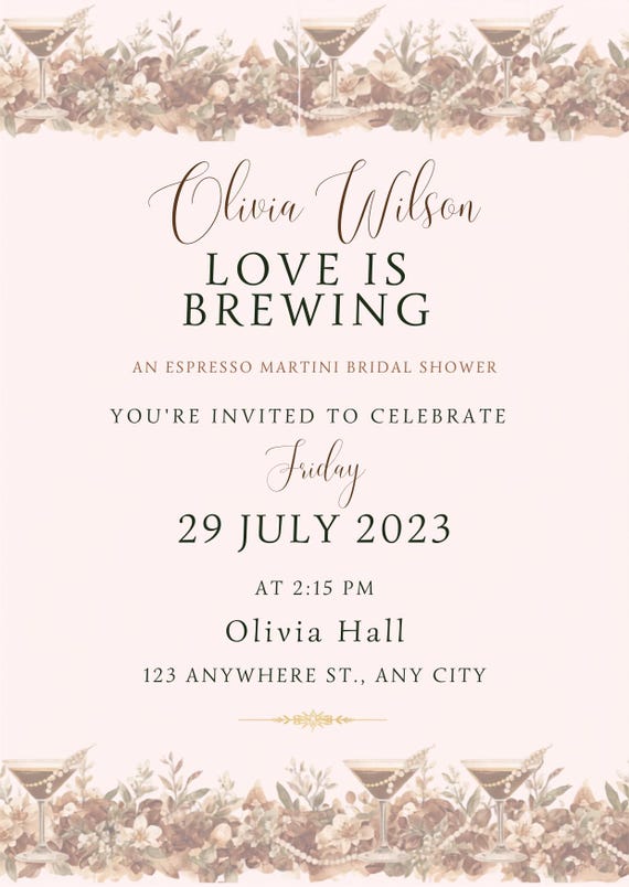 Love Is Brewing Bridal Shower Invitation Template Printable Engagement Party Announcement Card Design Digital Download Espresso Martini