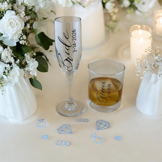 Personalized Bride Champagne Flute & Groom Whiskey Glass Set – Wedding Gift for Couple, Engagement Gift, Shower Gift, His and Hers Glassware