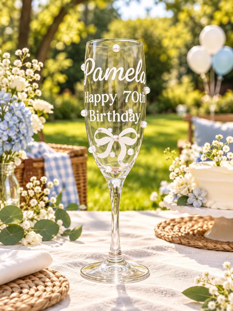 May include: A clear glass champagne flute decorated with white pearls and a white bow graphic. The text "Pamela" is printed in a script font above the text "Happy 70th Birthday" in a sans-serif font. The glass has a tall, slender stem.