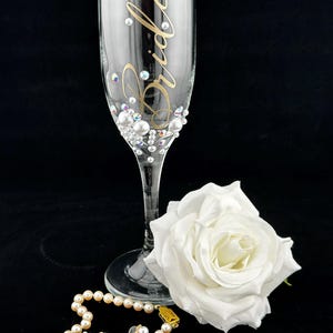 Bride Champagne Glass Custom Bride Gift Bridal Shower Personalized Engagement Flute Rhinestone Pearl Decorated Drinkware Wedding Celebration image 17