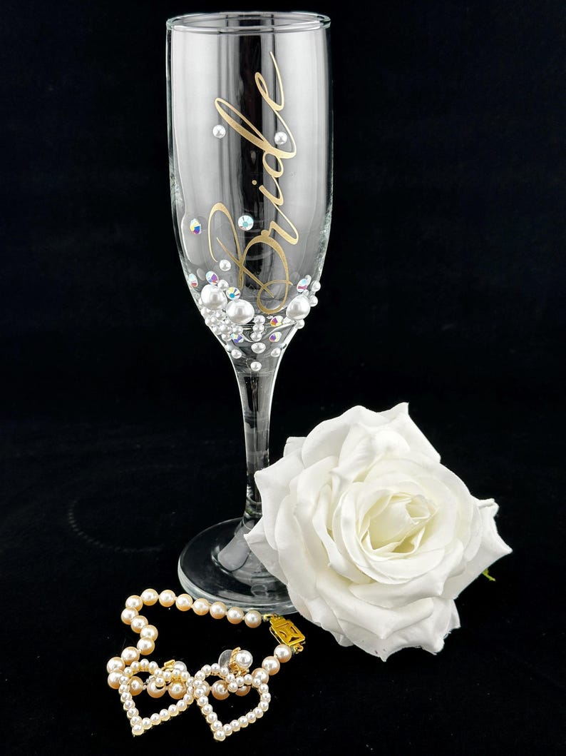 Bride Champagne Glass Custom Bride Gift Bridal Shower Personalized Engagement Flute Rhinestone Pearl Decorated Drinkware Wedding Celebration image 17