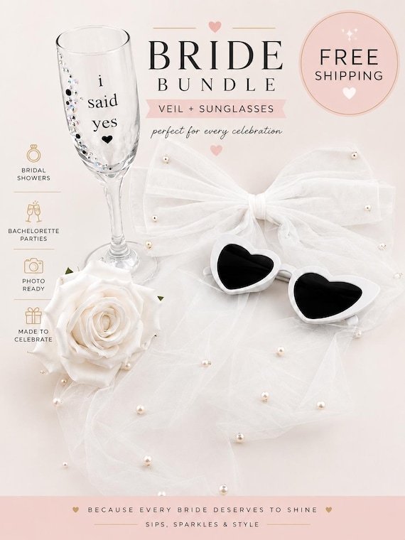 Bride Bow Veil and Sunglasses Heart Shaped Eyewear Bundle Bridal Shower Veil Accessory Set Bachelorette Party Bride Sunglasses Future Mrs