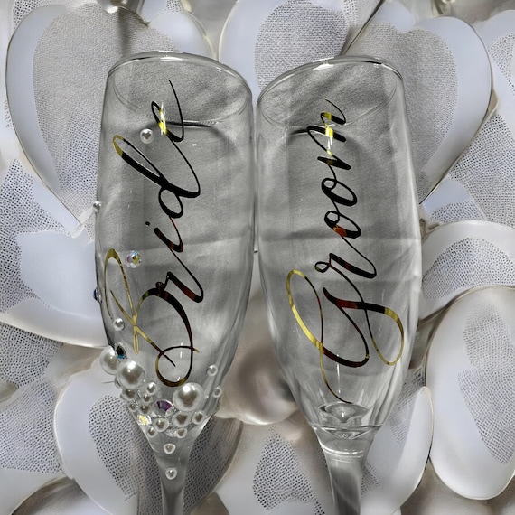 Bride and Groom Champagne Flutes - Elegant Wedding Toasting Glasses Set of 2. Prosecco Flutes