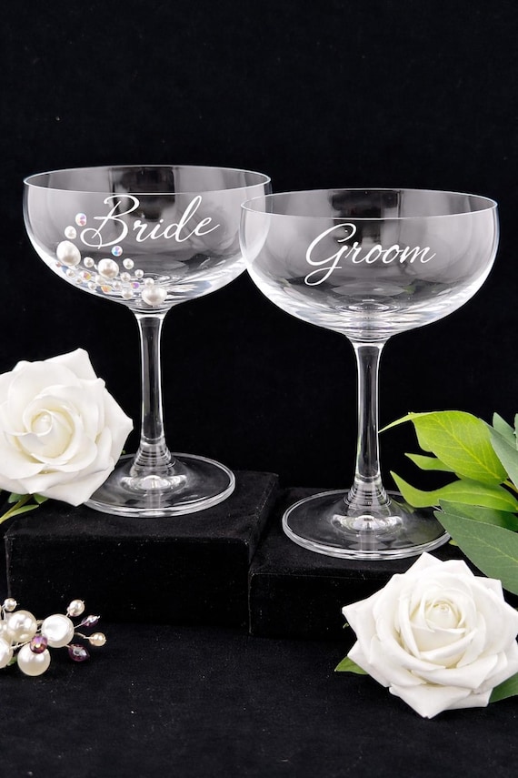 Bride & Groom Champagne Coupe Glass Set – Wedding Toast Glasses - Set of 2