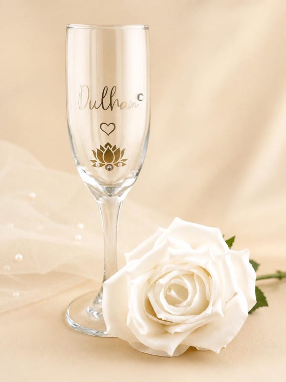 Dulhan Champagne Flute  Gold Lettering, Pearl, Rhinestone Bridal Glass, Indian American Wedding Gift, Indian Wedding Glass