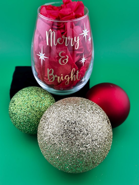 Merry & Bright Wine Glass – Holiday Decor, Christmas Gift