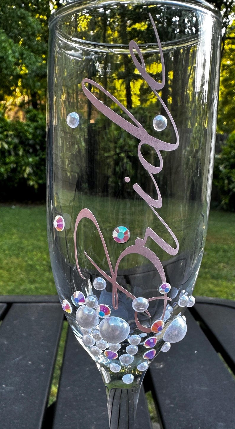 Bride Champagne Glass Custom Bride Gift Bridal Shower Personalized Engagement Flute Rhinestone Pearl Decorated Drinkware Wedding Celebration image 7