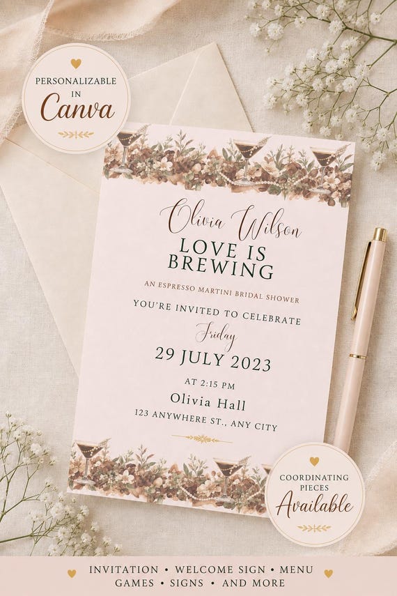 Bridal Shower Invitation Template Canva Editable Printable Welcome Sign Espresso Martini Menu Template Bundle Download Party Game Recipe