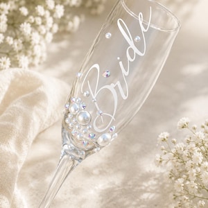 Bride Champagne Glass Custom Bride Gift Bridal Shower Personalized Engagement Flute Rhinestone Pearl Decorated Drinkware Wedding Celebration image 6