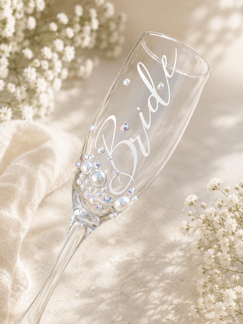Bride Champagne Glass Custom Bride Gift Bridal Shower Personalized Engagement Flute Rhinestone Pearl Decorated Drinkware Wedding Celebration image 6
