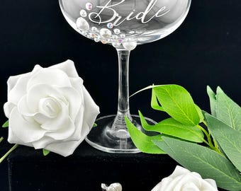 Bride Champagne Coupe Glass – Pearl & Rhinestone Wedding Glass - Bridal Signature Drink Martini/Cocktail Glass