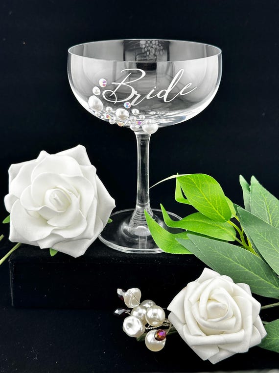 Bride Champagne Coupe Glass – Pearl & Rhinestone Wedding Glass - Bridal Signature Drink Martini/Cocktail Glass