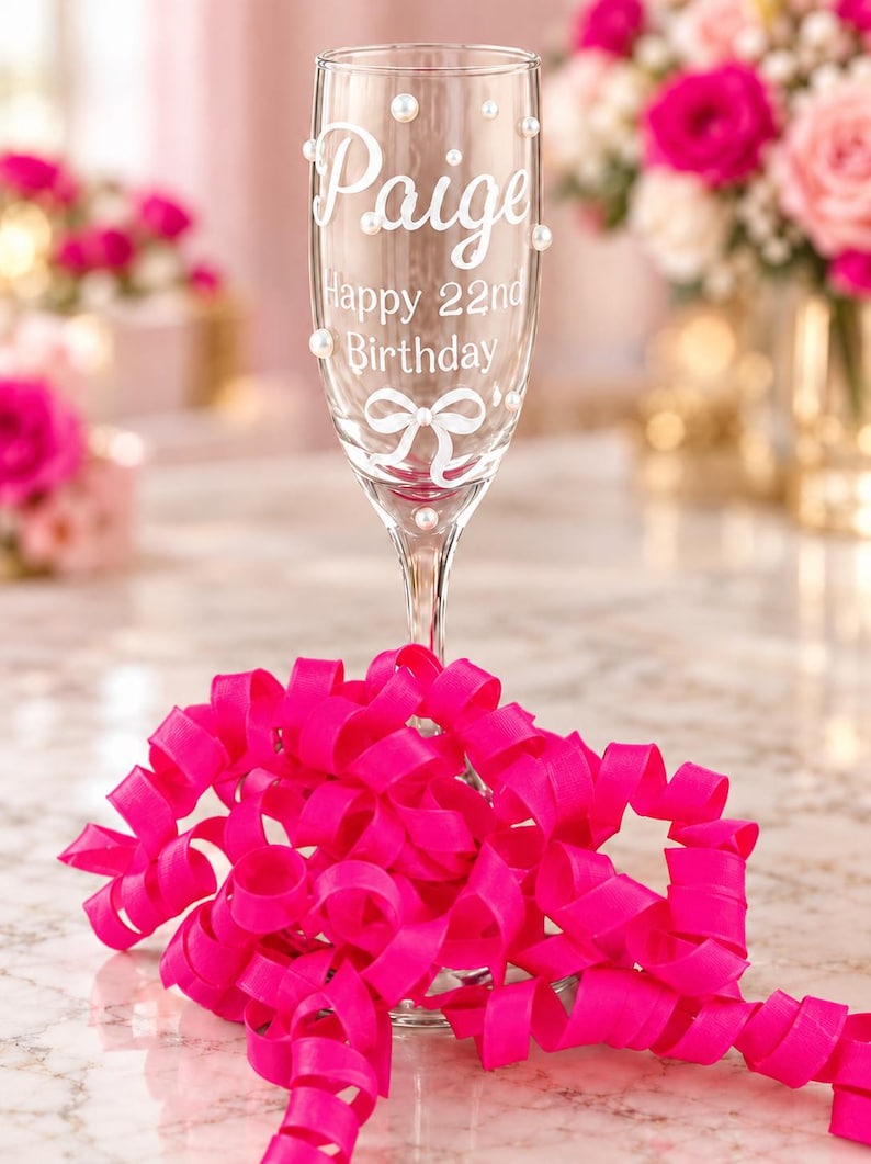 May include: A clear glass champagne flute featuring the white printed text Paige, Happy 22nd Birthday, and a white bow graphic. The glass is decorated with small white pearl accents and is surrounded by a bright pink curled ribbon at the base.