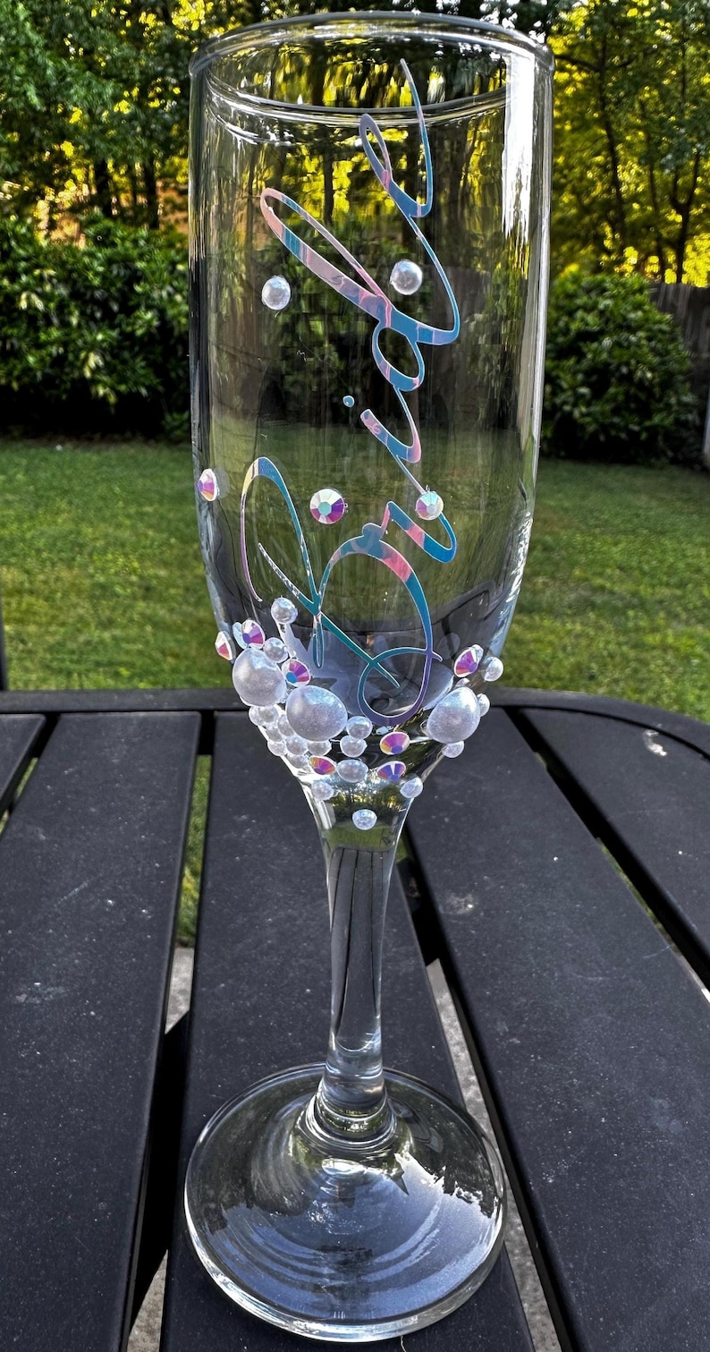 Bridal Shower Gift Personalized Bride Champagne Glass Custom Engagement Flute Pearl Rhinestone Embellished Drinkware Wedding Celebration Keepsake Handmade Design Prosecco Toast Glass Elegant Sparkling Details Party Favor Under Twenty