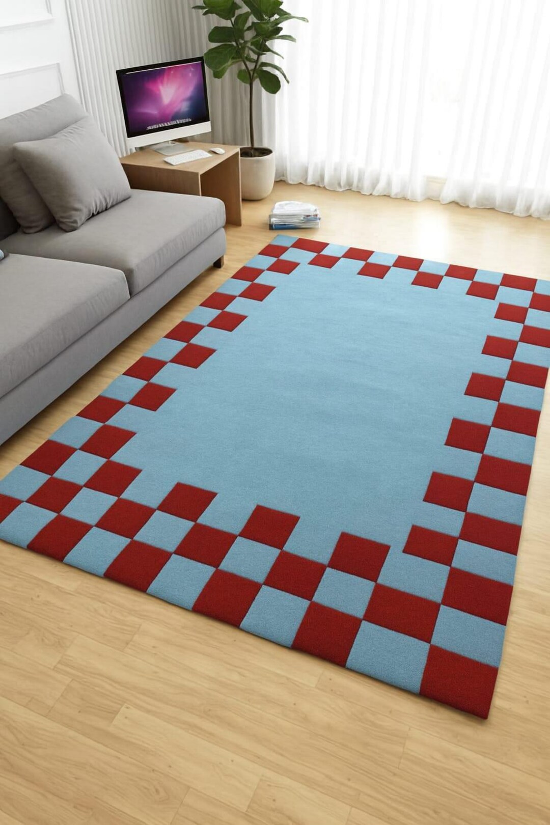 Modern Checkered Border Rug, Light Blue Area Rug, Red Checkerboard ...