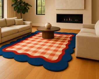 Scalloped Checkered Area Rug, Hand Tufted Wavy Edge Carpet, Modern Picnic Style Home Decor, living room rug