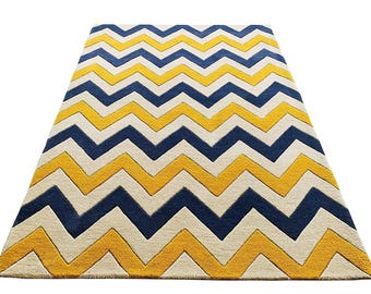 Modern Chevron Tufted Rug, Blue Yellow Zigzag Area Rug, Geometric Handmade Carpet, Minimalist Living Room Rug, Contemporary Floor Decor