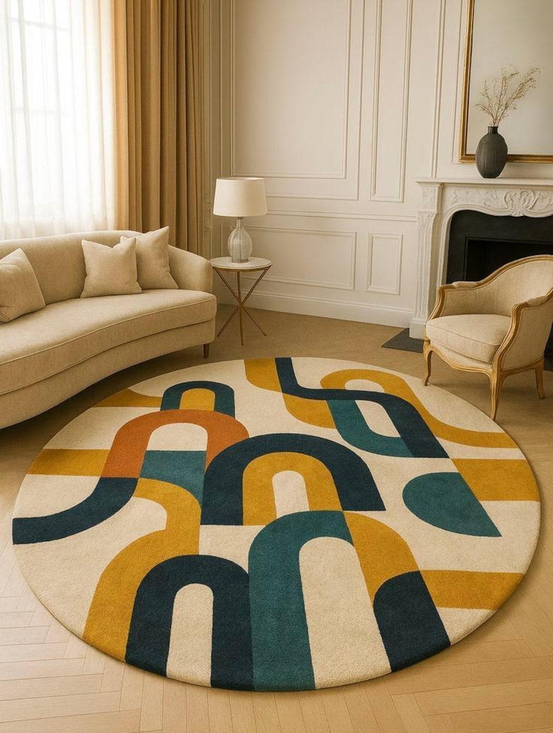 Hand-tufted Wool Round Rug, Abstract Geometric Arches, Modern Boho ...