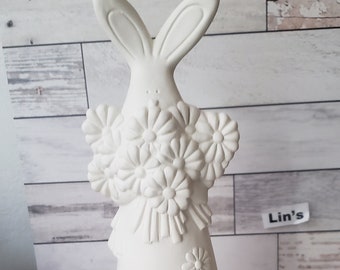 Tall Bunny Bisque with flowers -  Bunnies Bisque Ready to Paint Spring Summer Everyday Décor fun.   Cute, Bunny Decoration Easter