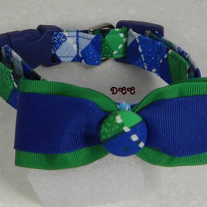 Dog Collar Great Everyday Blue Green White Argyle Stripes Check w Ribbon Blue & Green Bow Tie Adjustable Dog Collar with D Ring Choose Size image 5