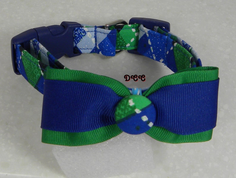 Dog Collar Great Everyday Blue Green White Argyle Stripes Check w Ribbon Blue & Green Bow Tie Adjustable Dog Collar with D Ring Choose Size image 5