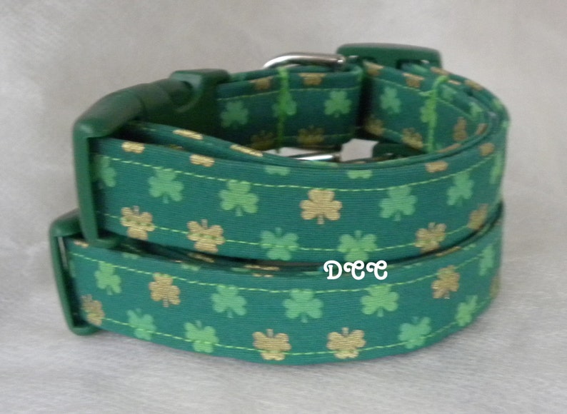 Dog Collar Shamrocks of Green and Gold Dark Green Background St Patricks Day Luck of the Irish Fun Adjustable Collars w D Ring Choose Size image 5