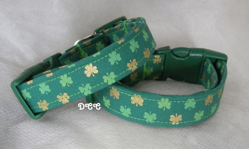 Dog Collar Shamrocks of Green and Gold Dark Green Background St Patricks Day Luck of the Irish Fun Adjustable Collars w D Ring Choose Size image 2