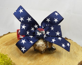 Dog Collar Patriotic USA Flag Red White Blue Stars w Bow Navy with white Stars Adjustable Dog Collar with D Ring Choose Size 4th of July