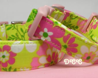 Dog Collar Pink White Flower Floral Fun Lemon Lime Green Background Adjustable Collars D Ring Choose Size Accessories Pet Pets Accessory