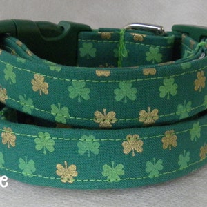 Dog Collar Shamrocks of Green and Gold Dark Green Background St Patricks Day Luck of the Irish Fun Adjustable Collars w D Ring Choose Size image 1