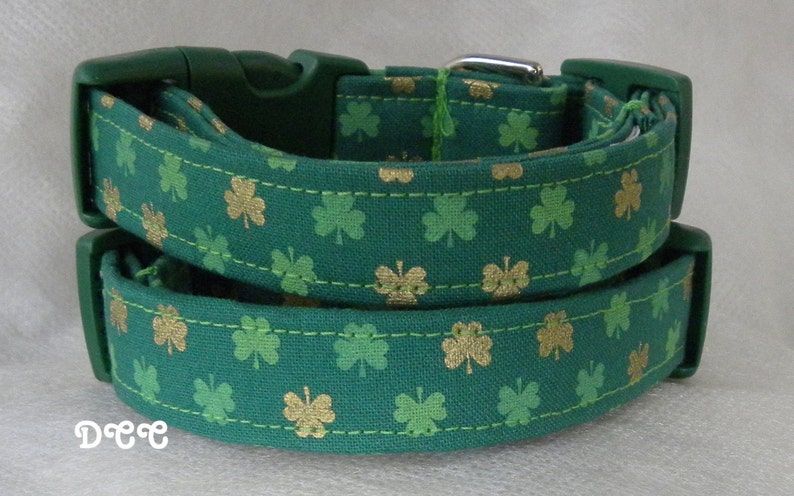 Dog Collar Shamrocks of Green and Gold Dark Green Background St Patricks Day Luck of the Irish Fun Adjustable Collars w D Ring Choose Size image 1