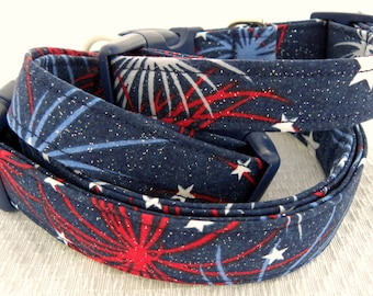 Dog Collar Patriotic 4th of July Fireworks Labor Day Memorial Day Collars Adjustable Collars D Ring Choose Size  Veterans Accessories Pet